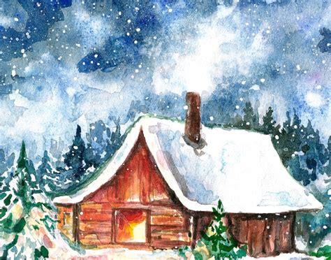 Watercolor Winter Snow House In Forest Art Print Christmas Etsy