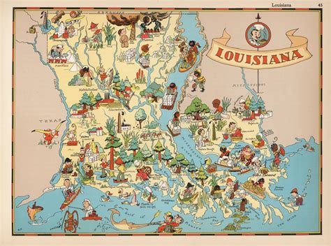 1935 Cartoon Map Of Louisiana Pictorial Map Fine Etsy