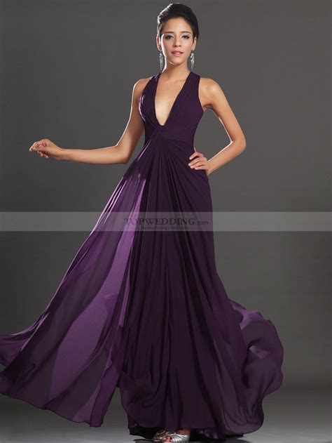 Plunging Neckline Chiffon A Line Prom Dress With X Back Purple