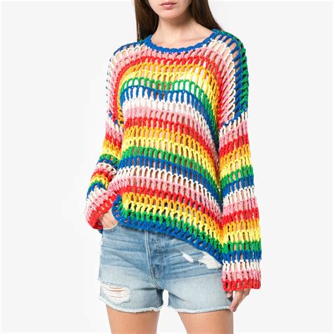 Jastie Rainbow Stripe Hollow Out Crochet Sweater Pullover O Neck Long