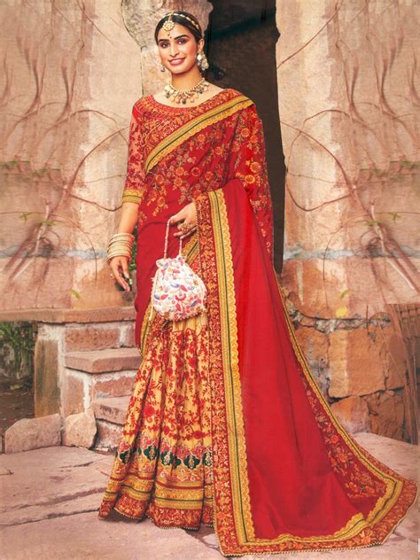 Racing Red Silk Heavy Embroidery Wedding Saree Exotic India Art