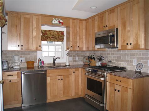 Glorious Maple Kitchen Cabinets With White Pattern Subway Wall Stone