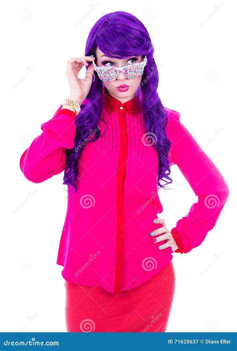 Young Beautiful Woman With Purple Hair And Glasses Covered By Co Stock