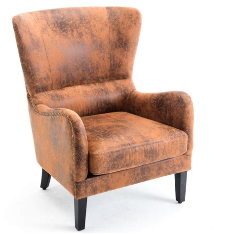 Elegant Wingback Faux Leather Club Armchair W Nailhead Accent Chair