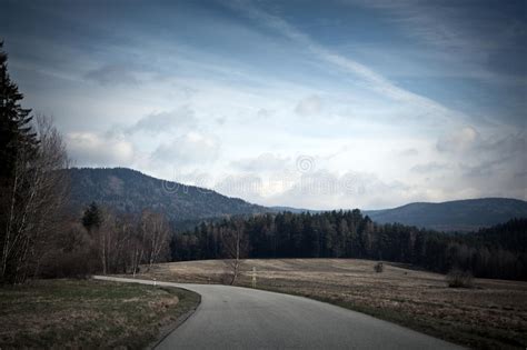 Asphalt Road Among Fields Forests And Mountains Stock Photo Image Of
