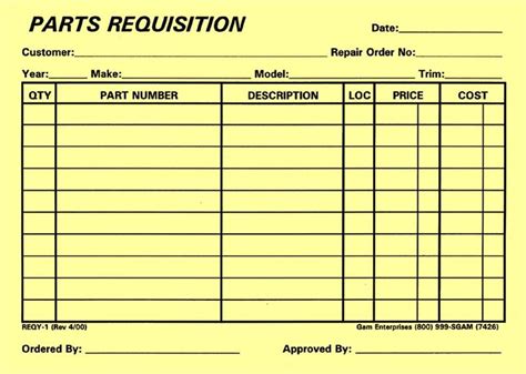 parts requisition yellow form