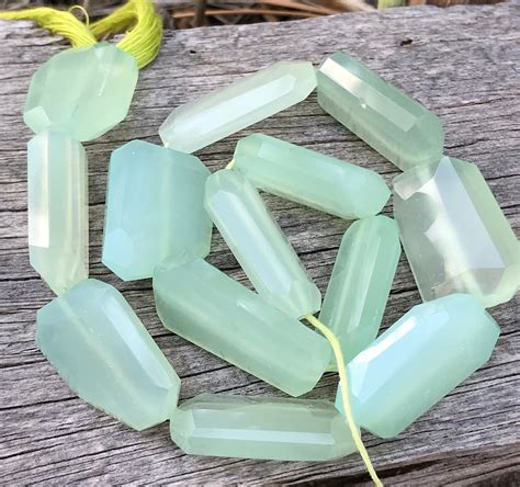 Chalcedony Beads Green Long Slender Faceted Nuggets Full Strand