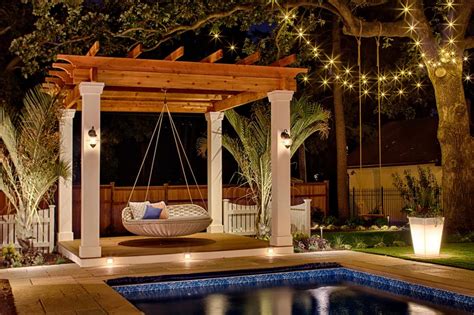 Coastal Inspired Outdoor Space With Pool Pergola And Swing Bed Hgtv