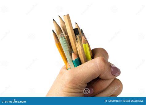 Hand Holds Many Short Pencils On White Background Stock Image Image