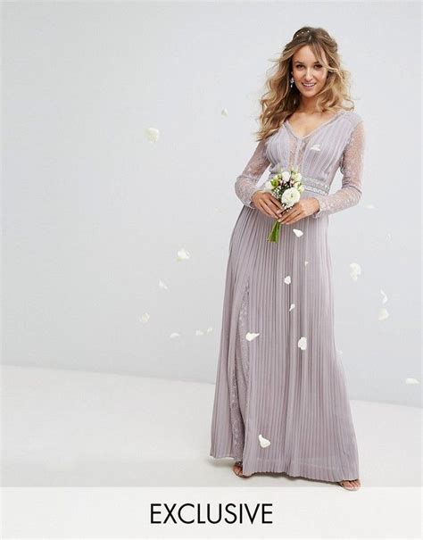 Tfnc Wedding Pleated Maxi Dress With Long Sleeves And Lace Inserts With