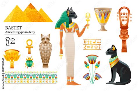 vecteur stock ancient egyptian goddess bastet icon set cat deity cup flower mummy sistrum