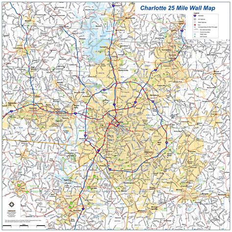 Charlotte 25 Mile Radius Wall Map By Mapshop The Map Shop