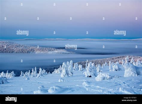 Finland Lapland Levi Sirkka Ski Resort At Dusk Stock Photo