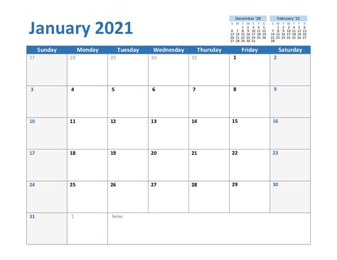 January 2021 Calendar Template Excel