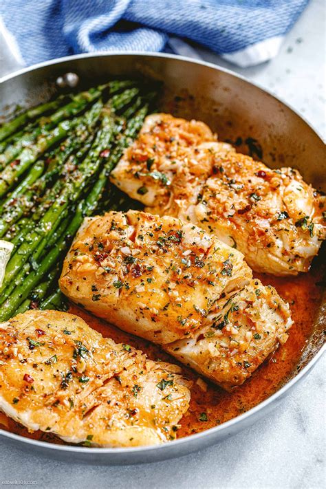 Garlic Butter Cod With Lemon Asparagus Skillet Fish Recipes Healthy