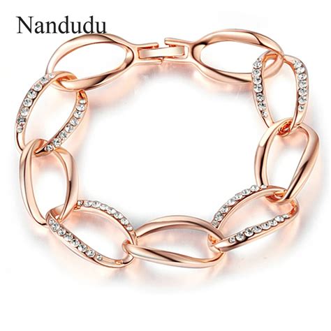 Nandudu Lady Fashion Bracelet Rose Gold Color Clear Austrian Crystal Linked Hoops Bangle Jewelry