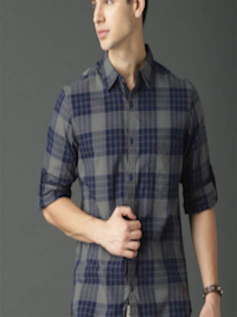 Buy Roadster Men Grey And Navy Blue Regular Fit Checked Casual Shirt
