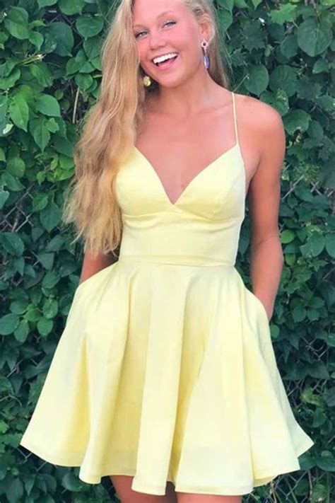 A Line V Neck Short Yellow Prom Dresses Short Yellow Formal Homecoming
