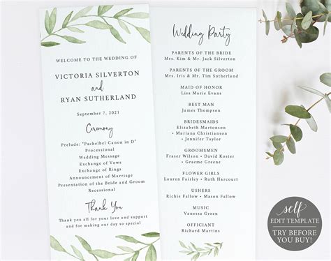 Wedding Program Template Try Before Purchase Editable Instant