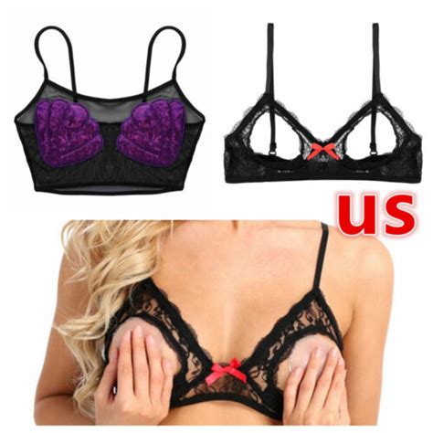 US Sexy Womens Lace Open Tip Bra Wire Free Unlined Push Up Triangle