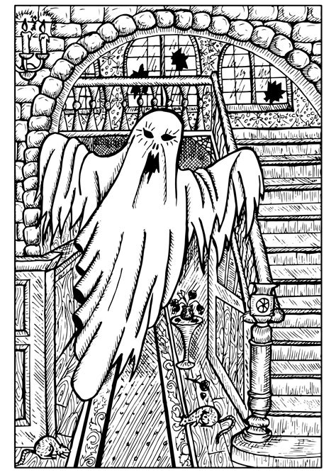 Hard halloween for adults coloring pages are a fun way for kids of all ages to develop creativity, focus, motor skills and color recognition. Ghost in a haunted house - Halloween Adult Coloring Pages