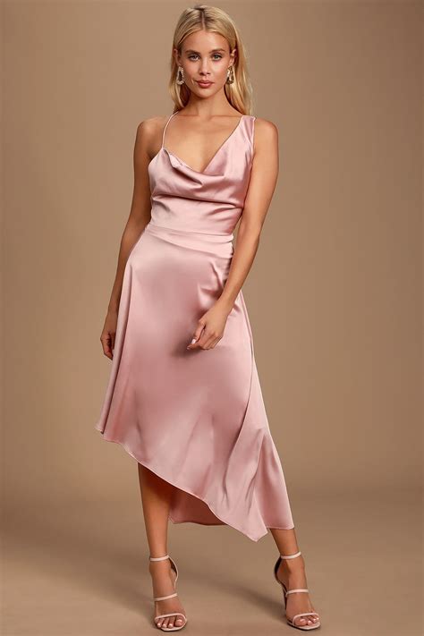 Sereno Mauve Pink Satin Cowl Neck Asymmetrical Midi Dress