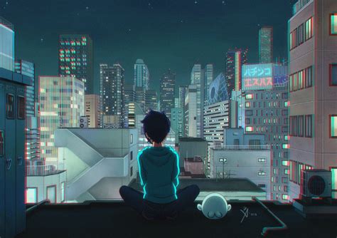 Artstation Umi On The Rooftop Léo Quéval Night Illustration Anime