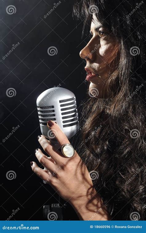 Brunette Beauty Singing With Retro Mic Stock Photo Image Of Look