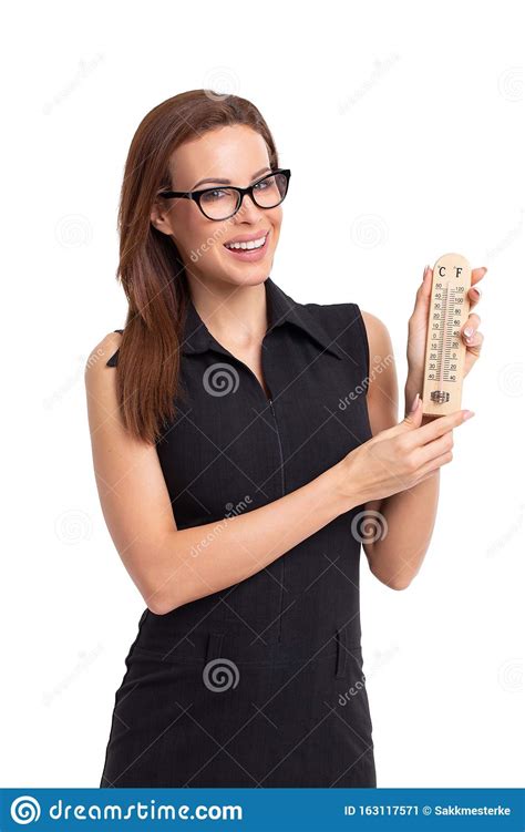 Happy Young Caucasian Woman Holding Thermometer Isolated Stock Image