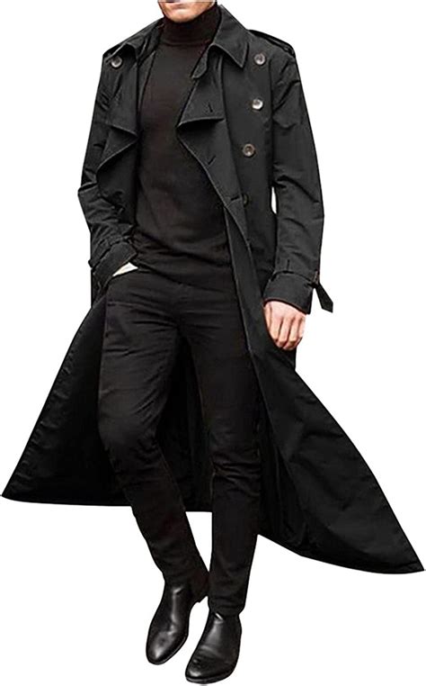 Mens Trench Coat Slim Fit Lapel Double Breasted Belted Windbreaker