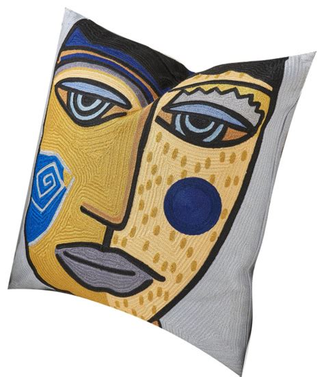Midcentury Modern Abstract Face Throw Pillow Picasso Cubist Blue