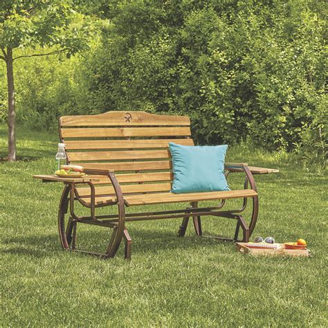 Wooden Outdoor Glider Bench With 2 Trays Free