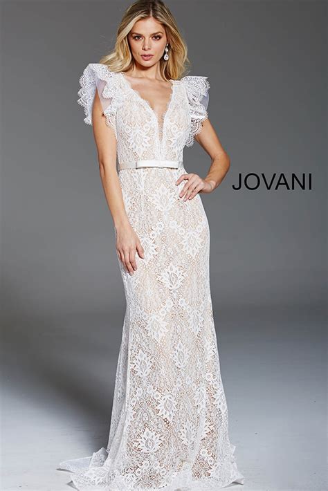 Jovani Ivory Nude Ruffle Sleeve V Neck Gown