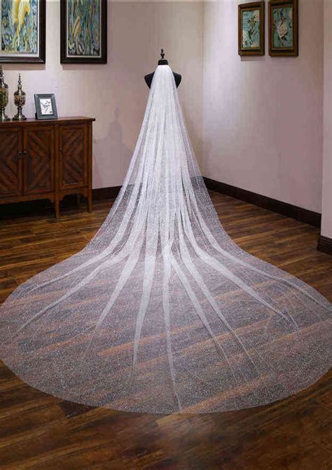 One Tier Tulle Cathedral Bridal Veils With Sparkling Glitter M1090415