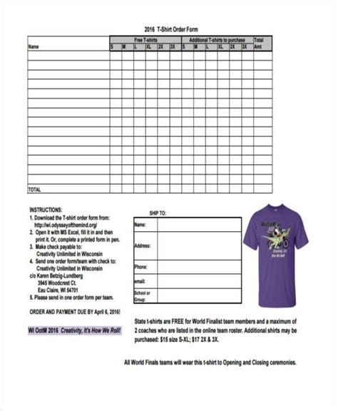 T Shirt Order Form Template Excel