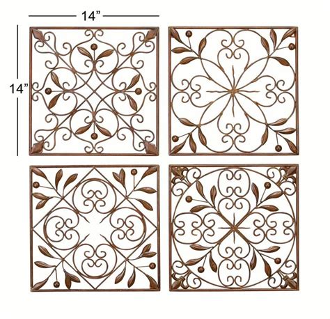 Four Square Metal Wall Art Panels With Scrolls And Leaves In Brown Set