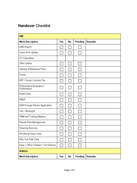 Example Of Handover Checklist Printable Templates