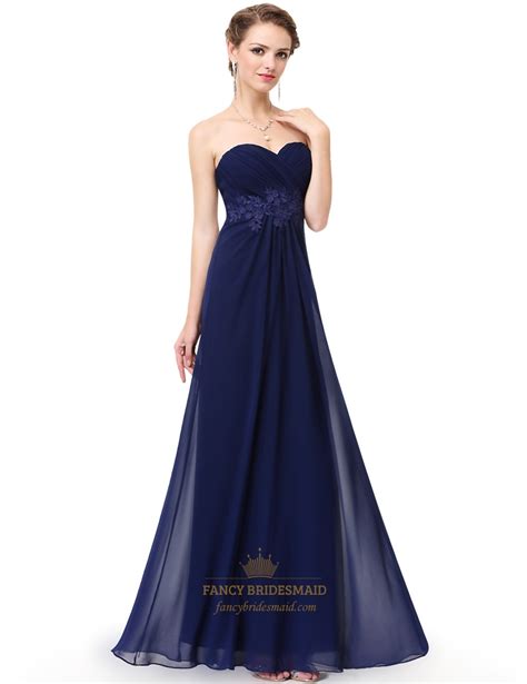 Navy Blue Strapless A Line Long Ruched Chiffon Prom Dress