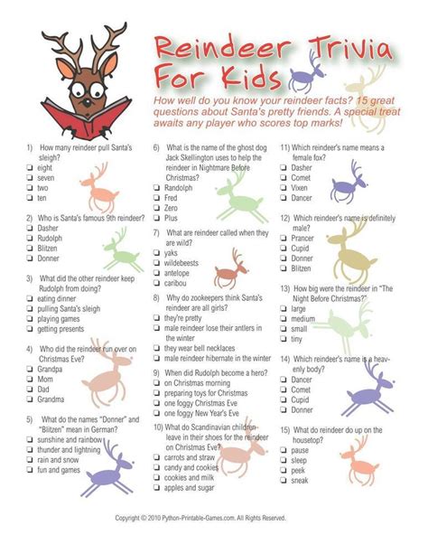 More than 20 000 free pub quiz questions and trivia questions, with answers, easily categorized and ready to print out and go. Christmas: Reindeer Trivia For Kids - catalogslister