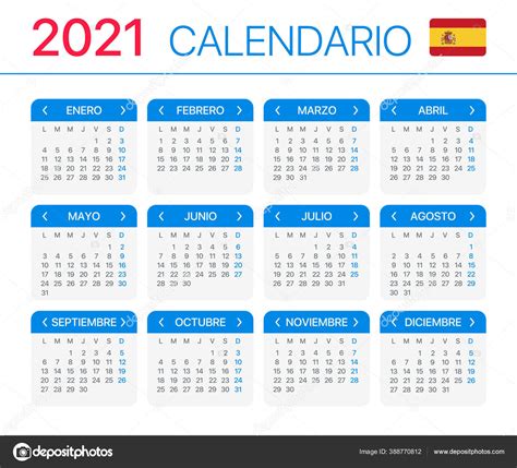 Calendario 2021 Versión Española Latinoamericana Vector Template Vector