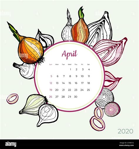 2020 April Calendar Vegetable Orange Red Onion Groceries Art Vector