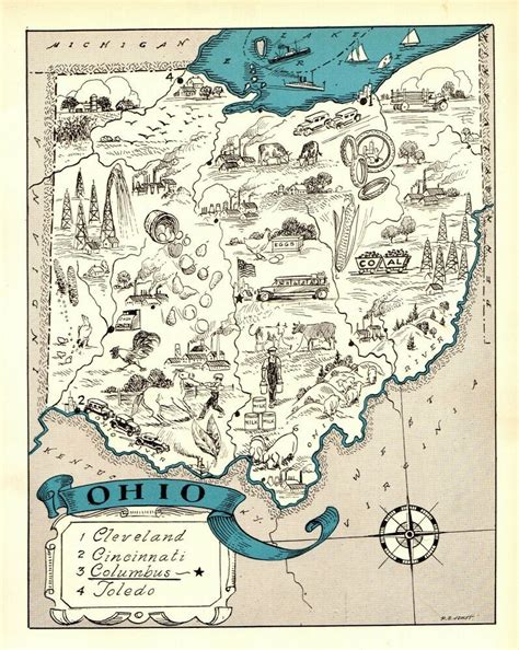 1930s Antique Ohio State Map Rare Animated Picture Map Of