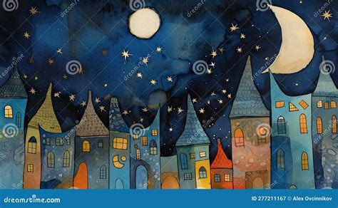 Moonlit Home A Watercolor Collage For Invitations And Posters Stock