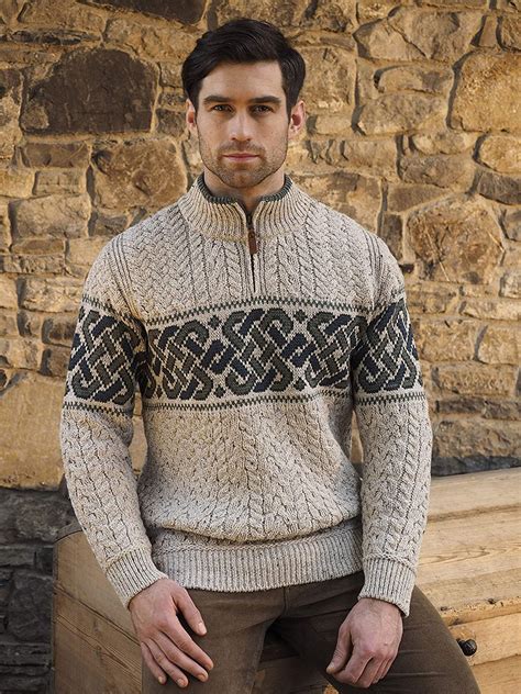Aran Crafts Mens Irish Cable Knit Half Zip Jacquard Sweater 100