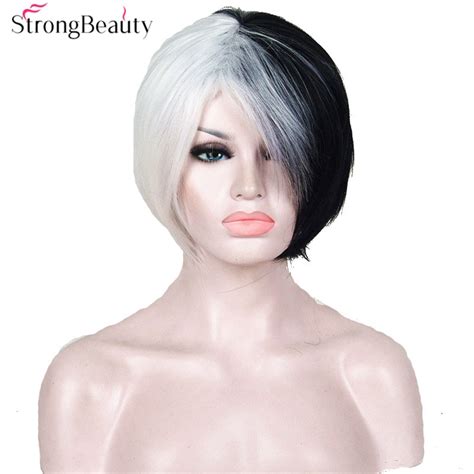 halloween cruella deville voluminous half white and half black bob costume synthetic wig in