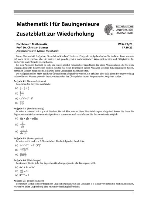 Zusatzblatt Wdh wINTERSEMESTER Mathematik I für Bauingenieure