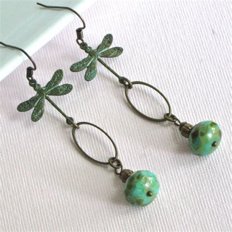 Dragonfly Earrings Verdigris Patina Czech Turquoise Glass Etsy