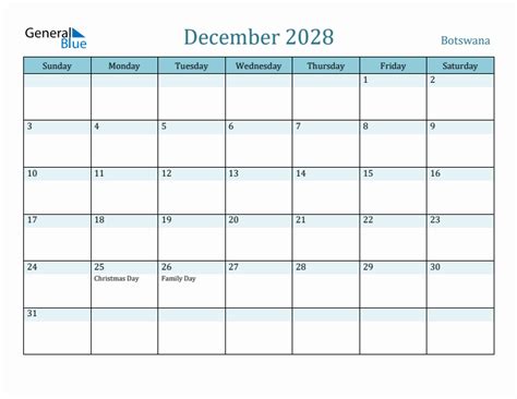 Botswana Holiday Calendar For December 2028