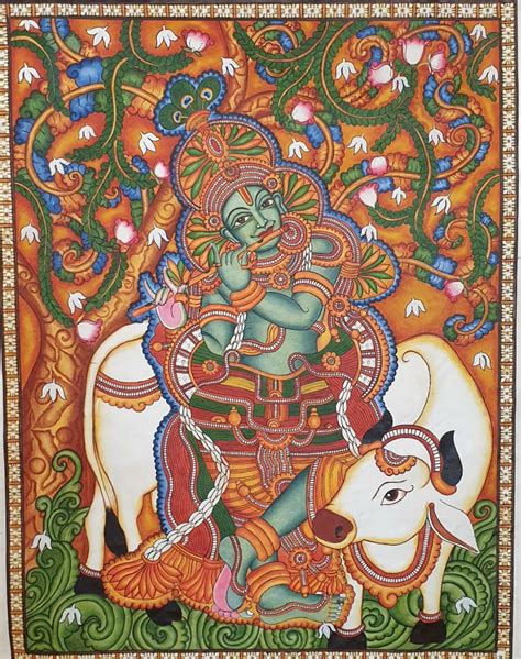 Sri Krishna Kerala Mural 3 X4 Feet International Indian Folk Art