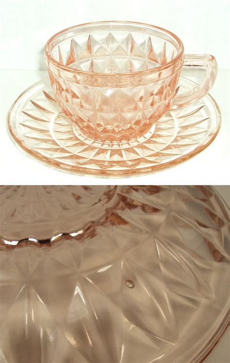 Diamond Pattern Pink Depression Glass Teacup And Saucer
